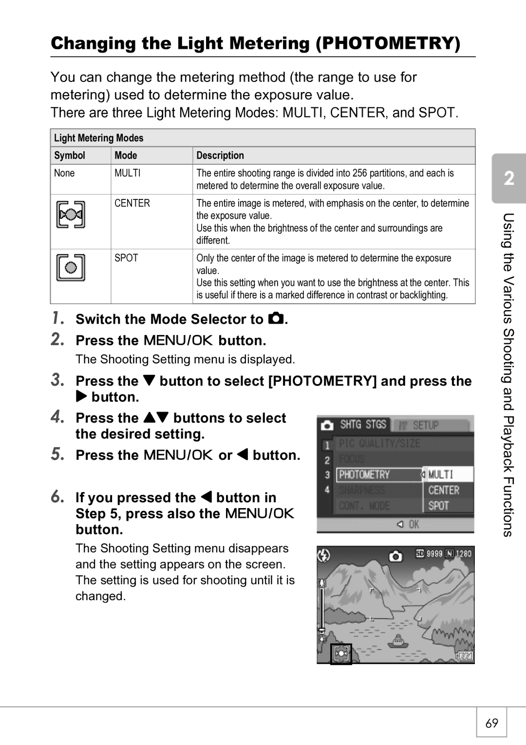 Ricoh R4 manual Changing the Light Metering Photometry, Light Metering Modes Symbol Description 