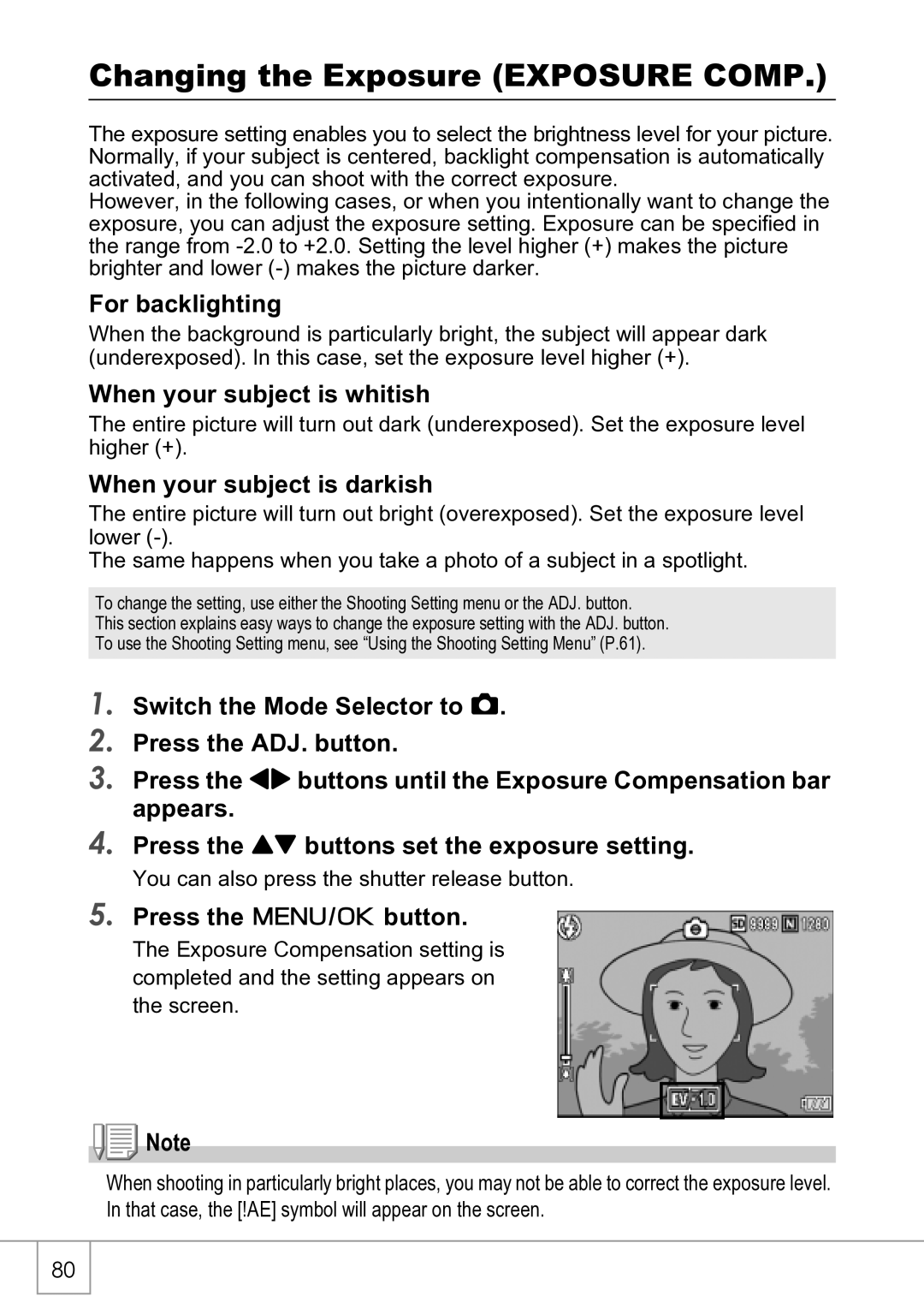 Ricoh R4 Changing the Exposure Exposure Comp, For backlighting, When your subject is whitish, When your subject is darkish 