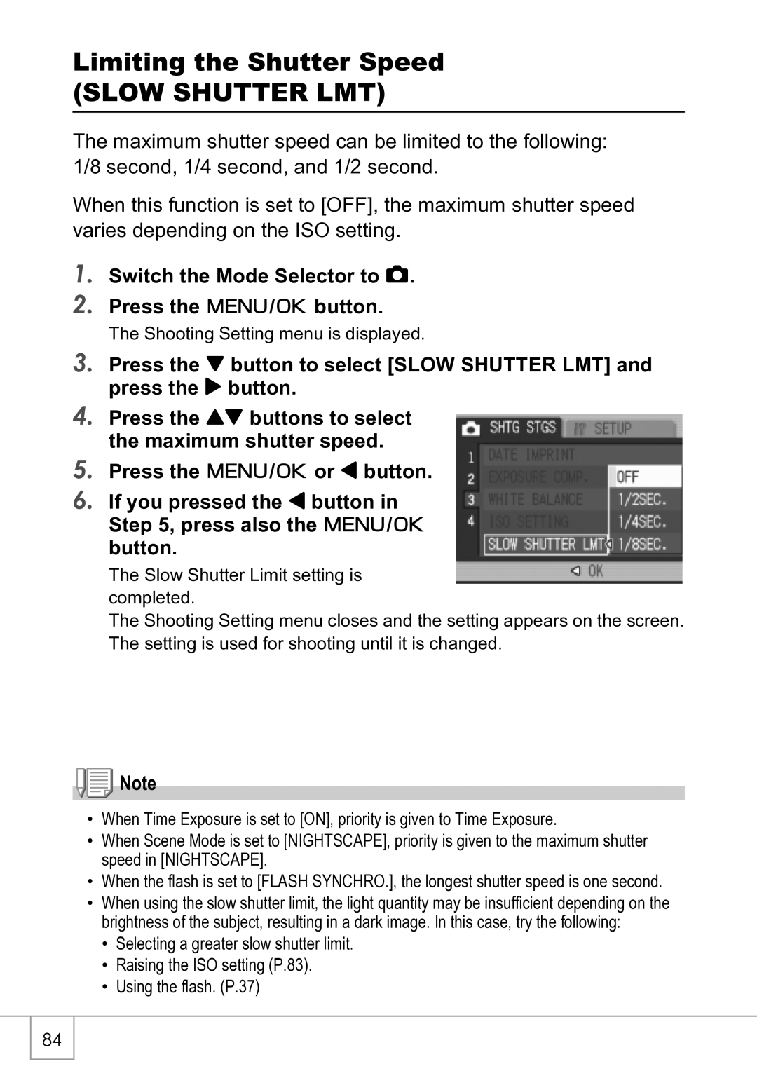 Ricoh R4 manual Limiting the Shutter Speed, Slow Shutter LMT 