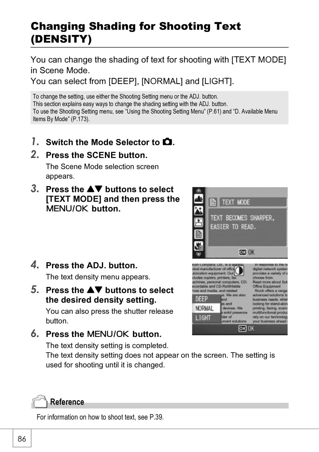 Ricoh R4 manual Changing Shading for Shooting Text Density, Press the ! buttons to select the desired density setting 