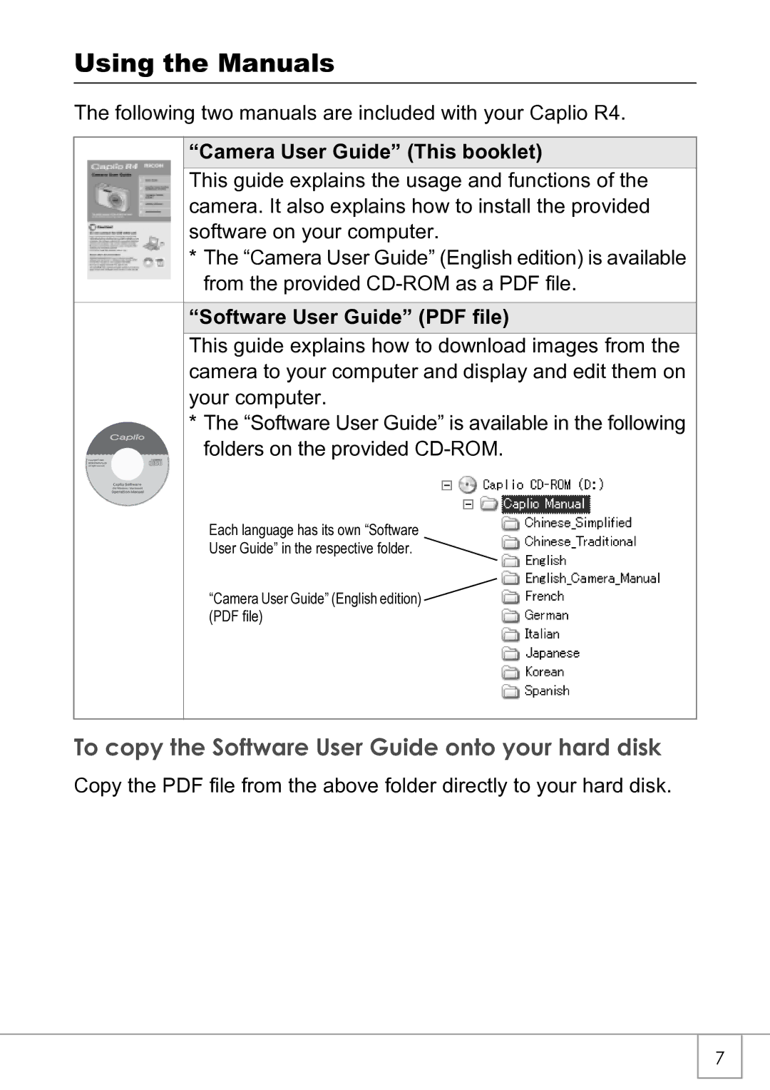 Ricoh R4 manual Using the Manuals, To copy the Software User Guide onto your hard disk, Camera User Guide This booklet 