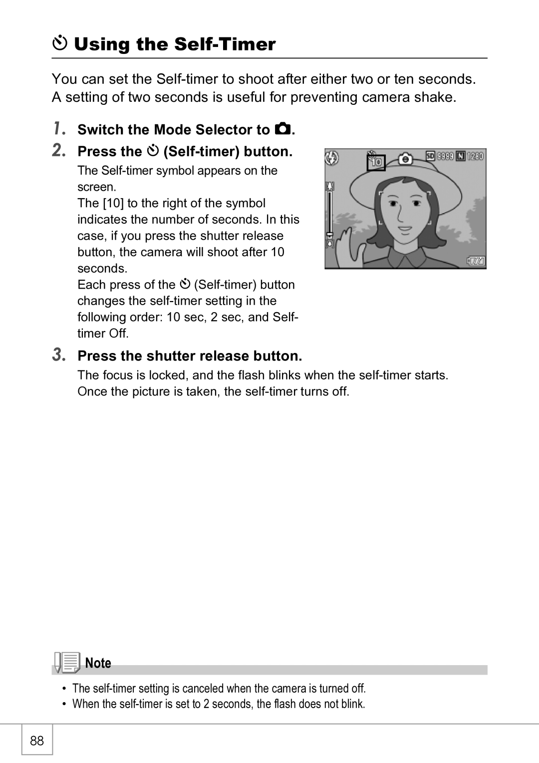 Ricoh R4 manual Using the Self-Timer, Switch the Mode Selector to Press the t Self-timer button 