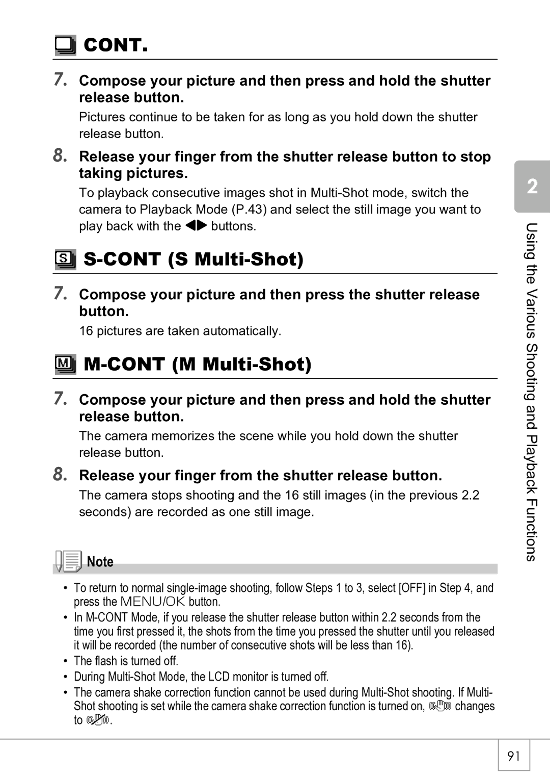 Ricoh R4 manual Cont, S Multi-Shot, M Multi-Shot, Release your finger from the shutter release button 