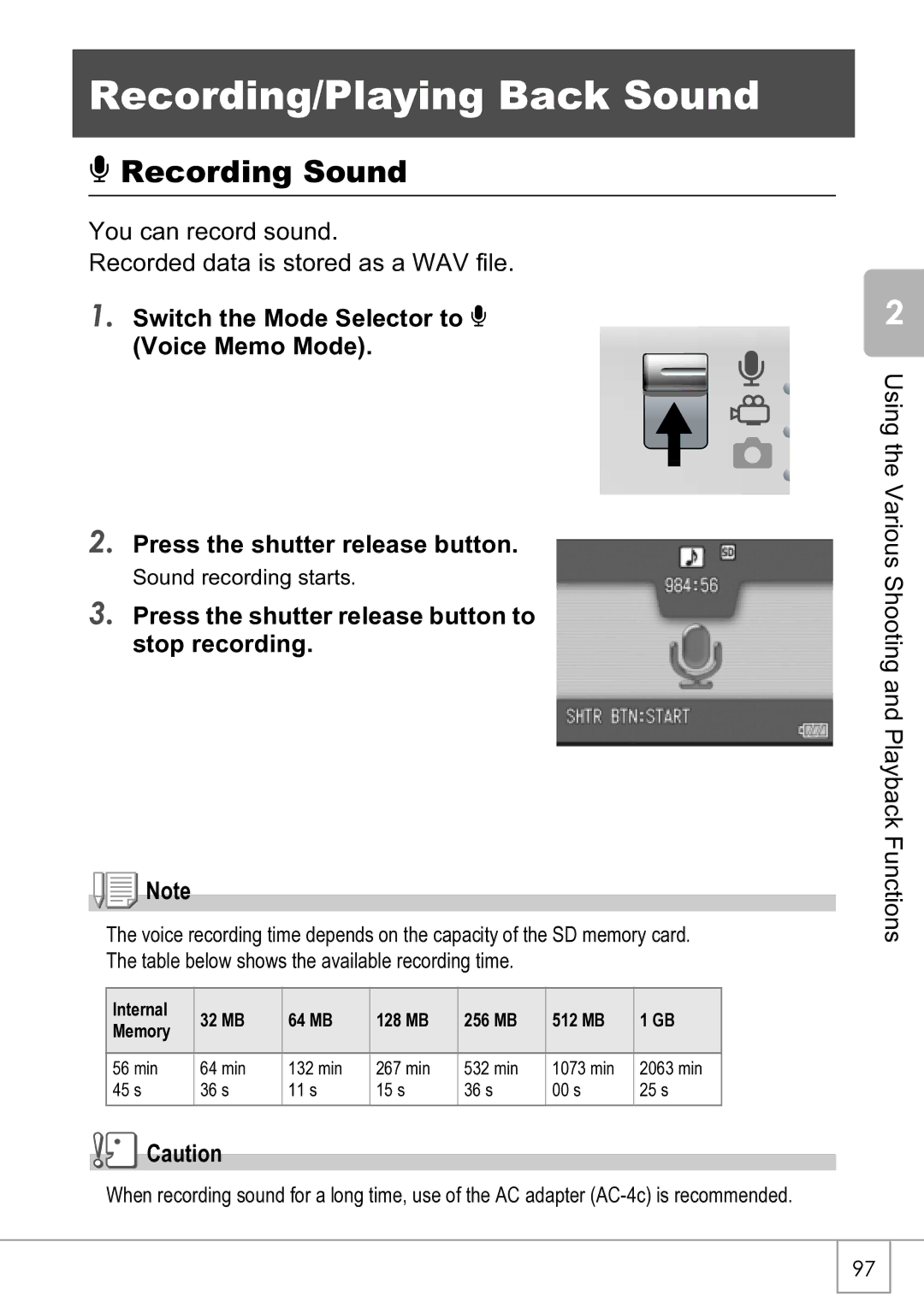 Ricoh R4 manual Recording/Playing Back Sound, Recording Sound, Press the shutter release button to stop recording 