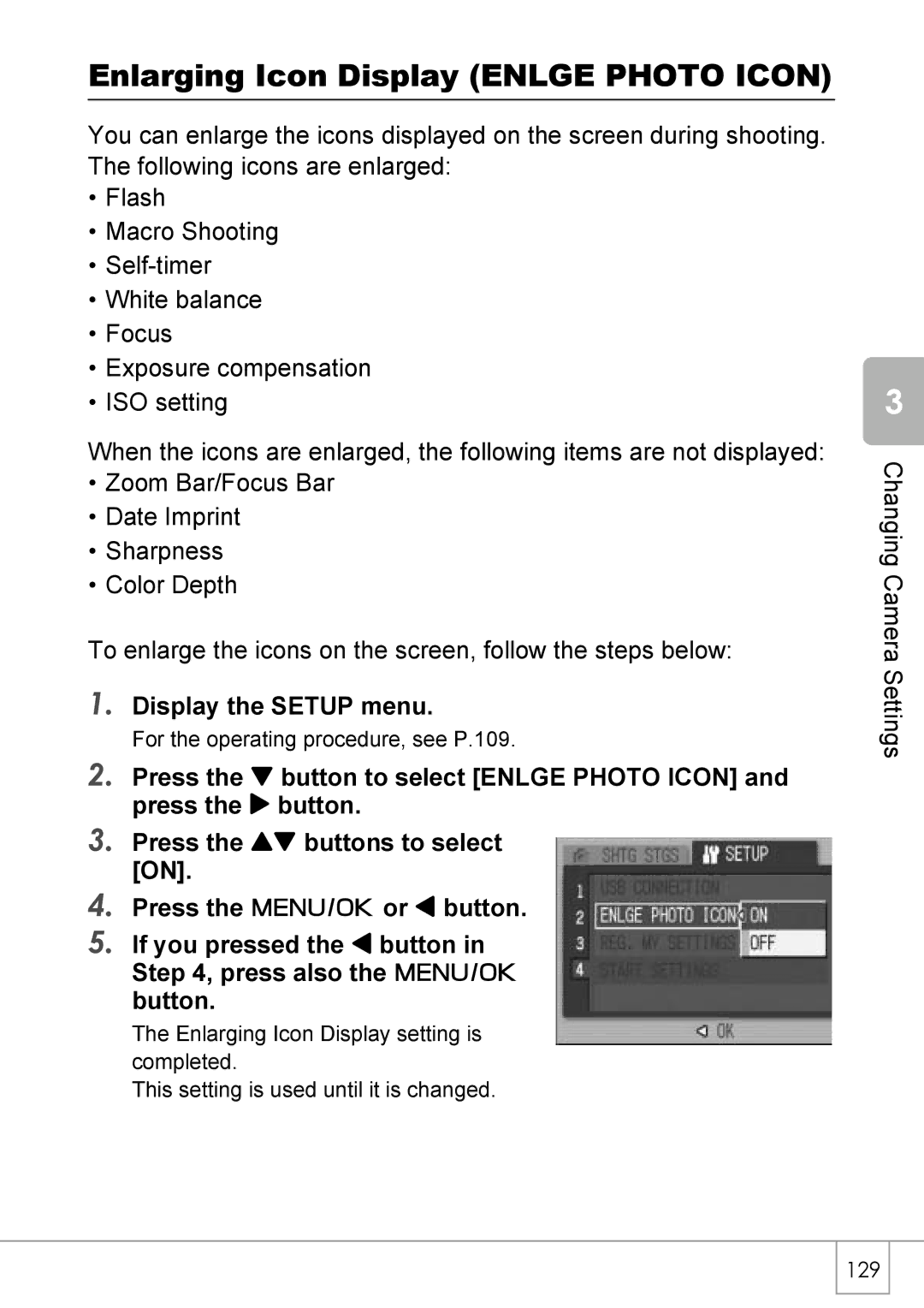 Ricoh R40 manual Enlarging Icon Display Enlge Photo Icon, Display the Setup menu 