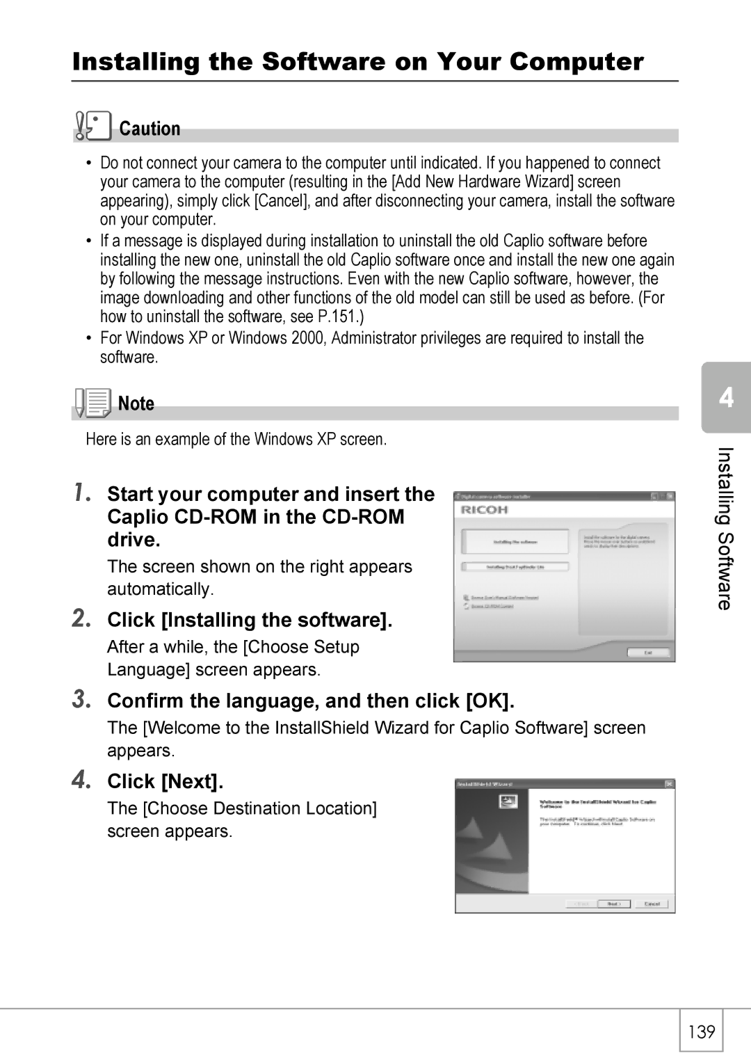 Ricoh R40 Installing the Software on Your Computer, Click Installing the software, Confirm the language, and then click OK 