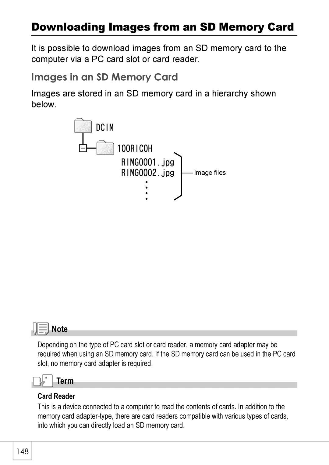 Ricoh R40 manual Downloading Images from an SD Memory Card, Images in an SD Memory Card, Card Reader 