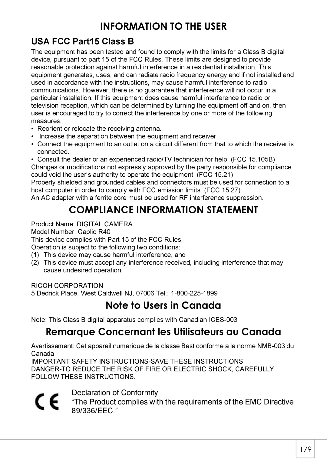 Ricoh R40 manual Information to the User, USA FCC Part15 Class B 