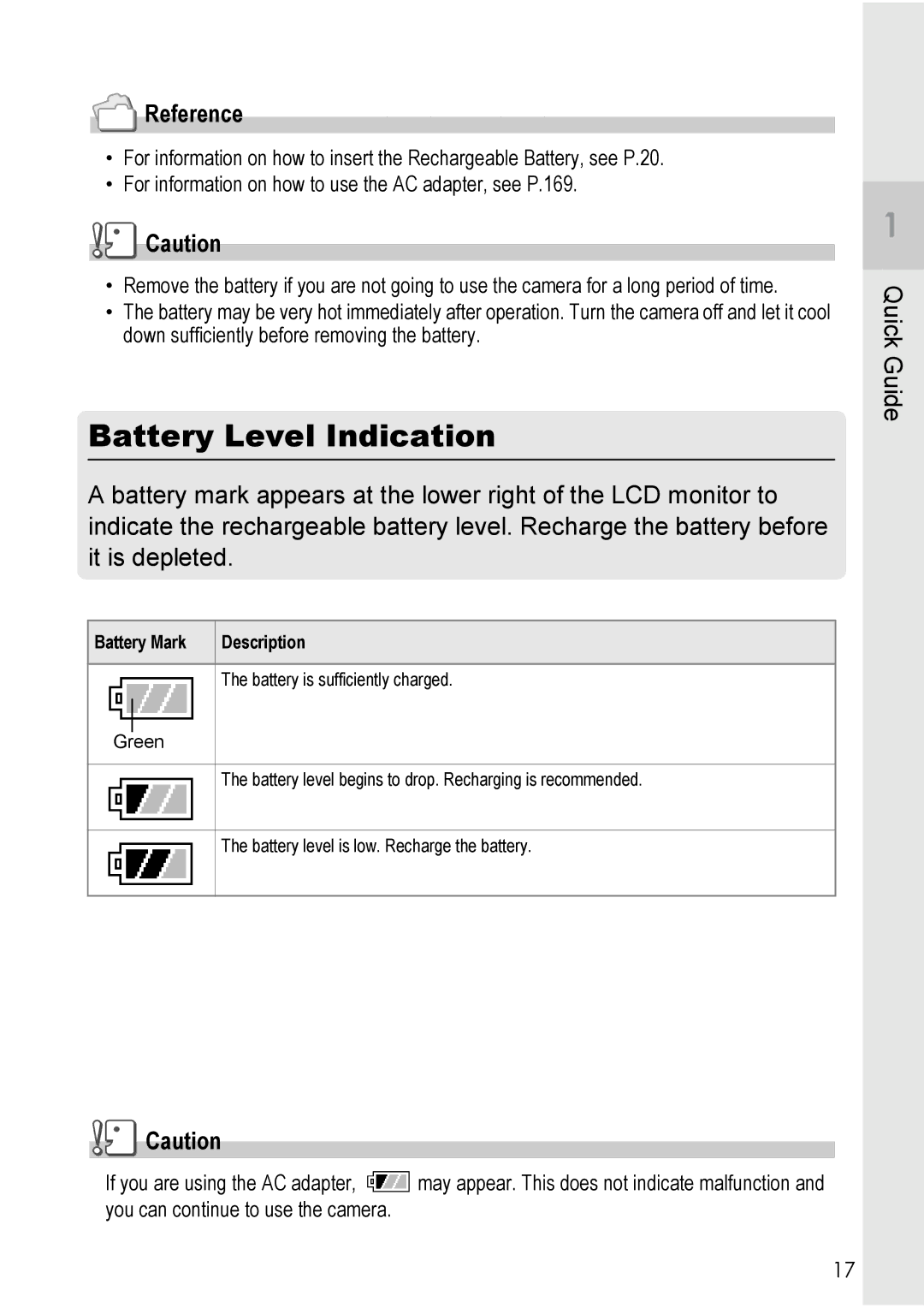 Ricoh R40 manual Battery Level Indication, Battery Mark Description 