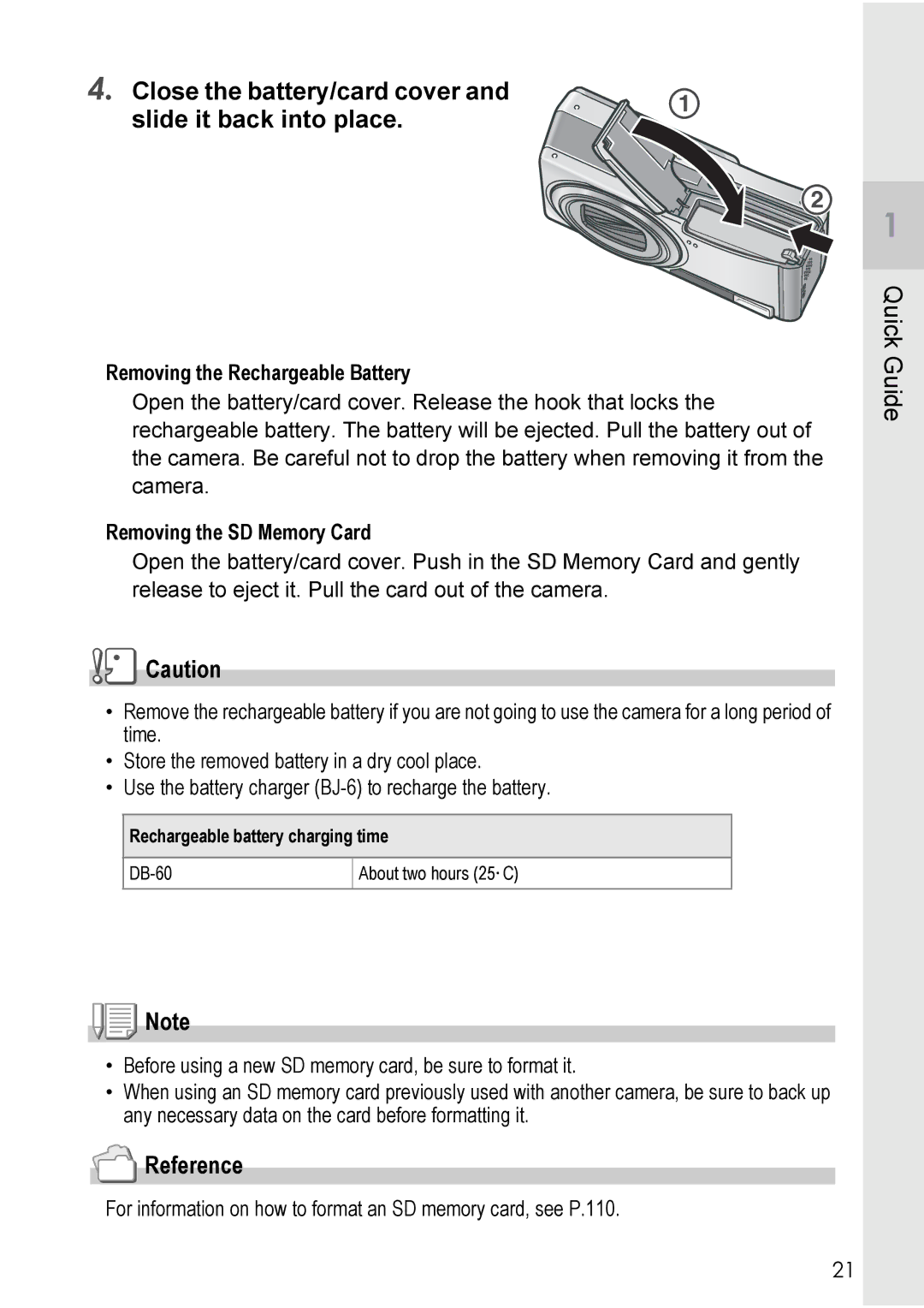 Ricoh R40 manual Close the battery/card cover and slide it back into place, Removing the Rechargeable Battery 