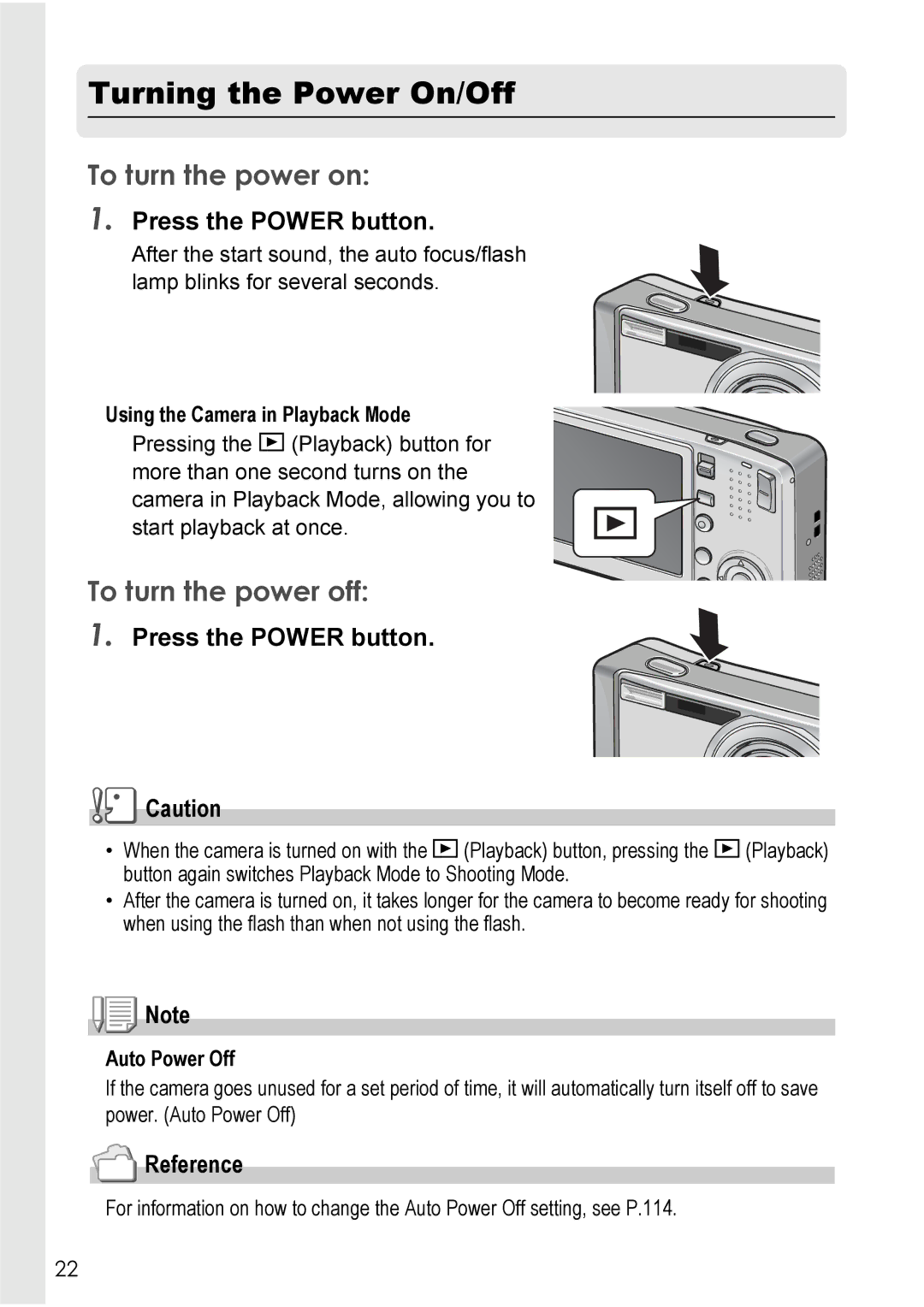 Ricoh R40 Turning the Power On/Off, To turn the power on, To turn the power off, Press the Power button, Auto Power Off 