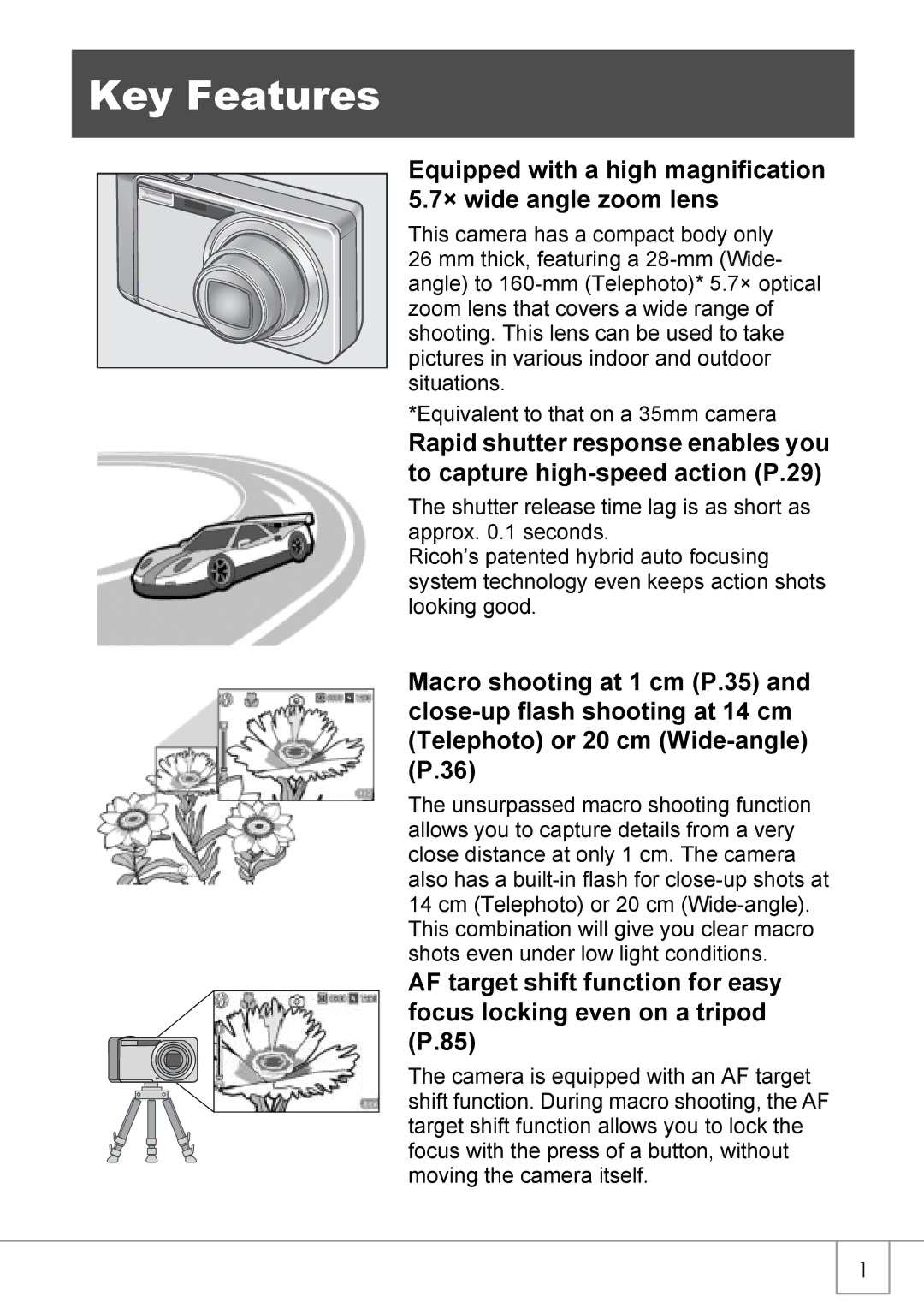 Ricoh R40 manual Key Features, Equipped with a high magnification 5.7× wide angle zoom lens 