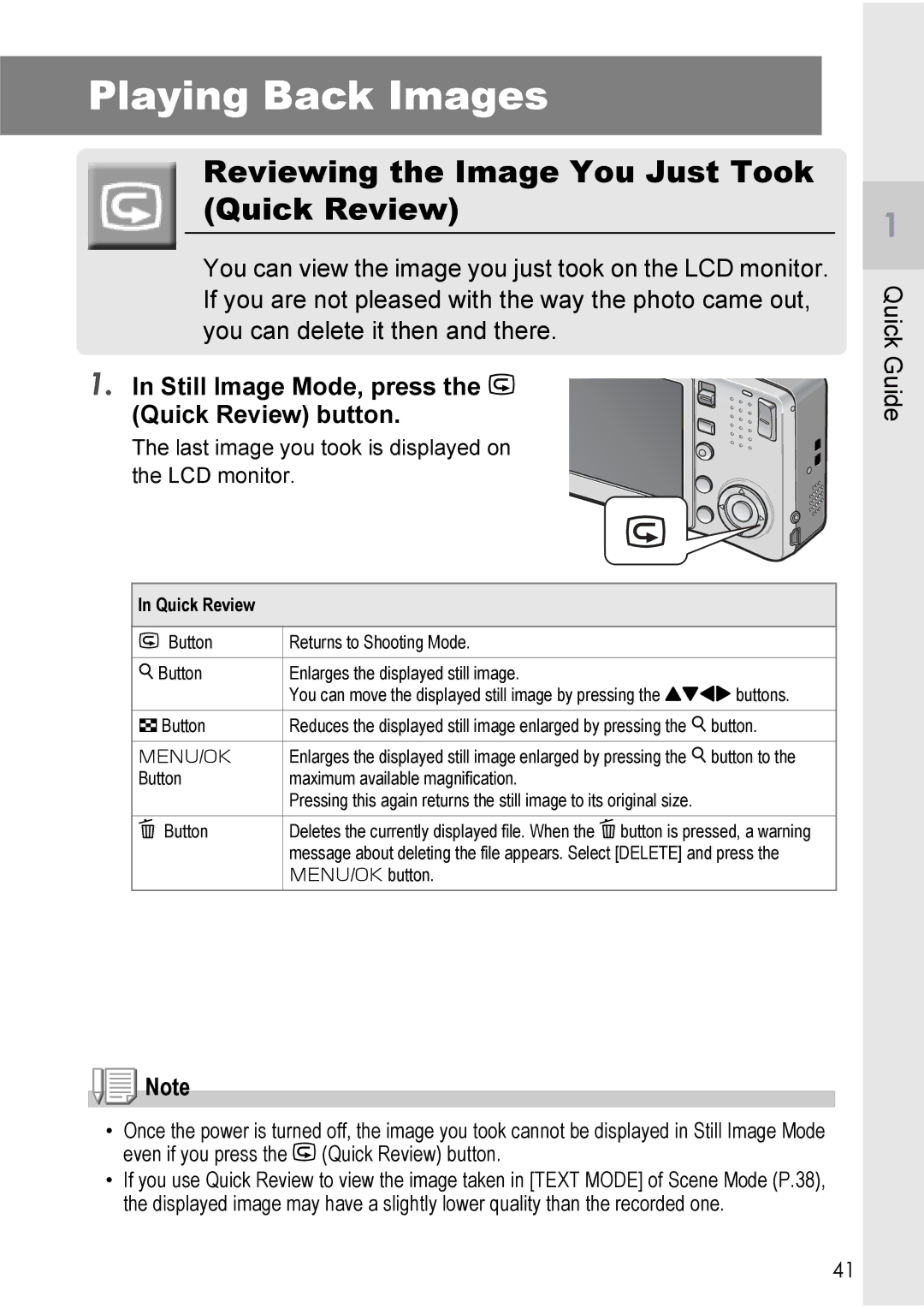 Ricoh R40 manual Playing Back Images, Reviewing the Image You Just Took Quick Review 