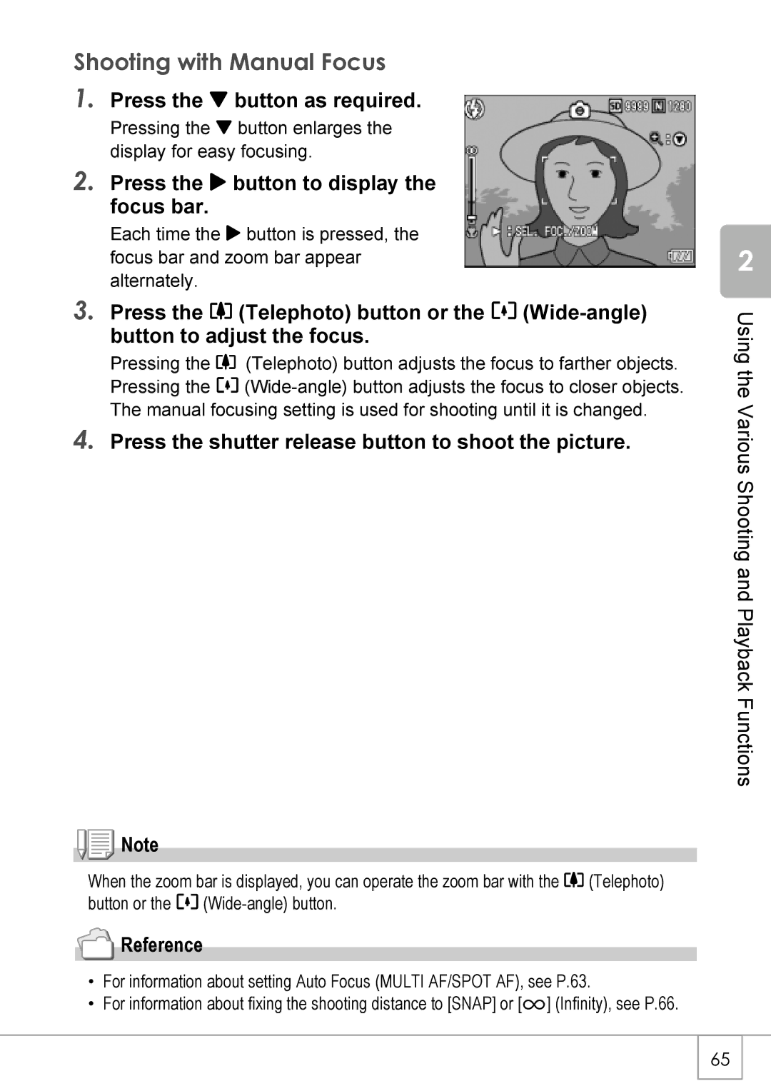 Ricoh R40 manual Shooting with Manual Focus, Press the button as required, Press the $ button to display the focus bar 