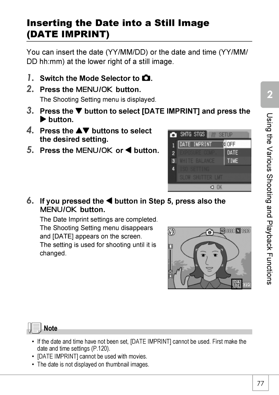 Ricoh R40 manual Inserting the Date into a Still Image, Date Imprint 