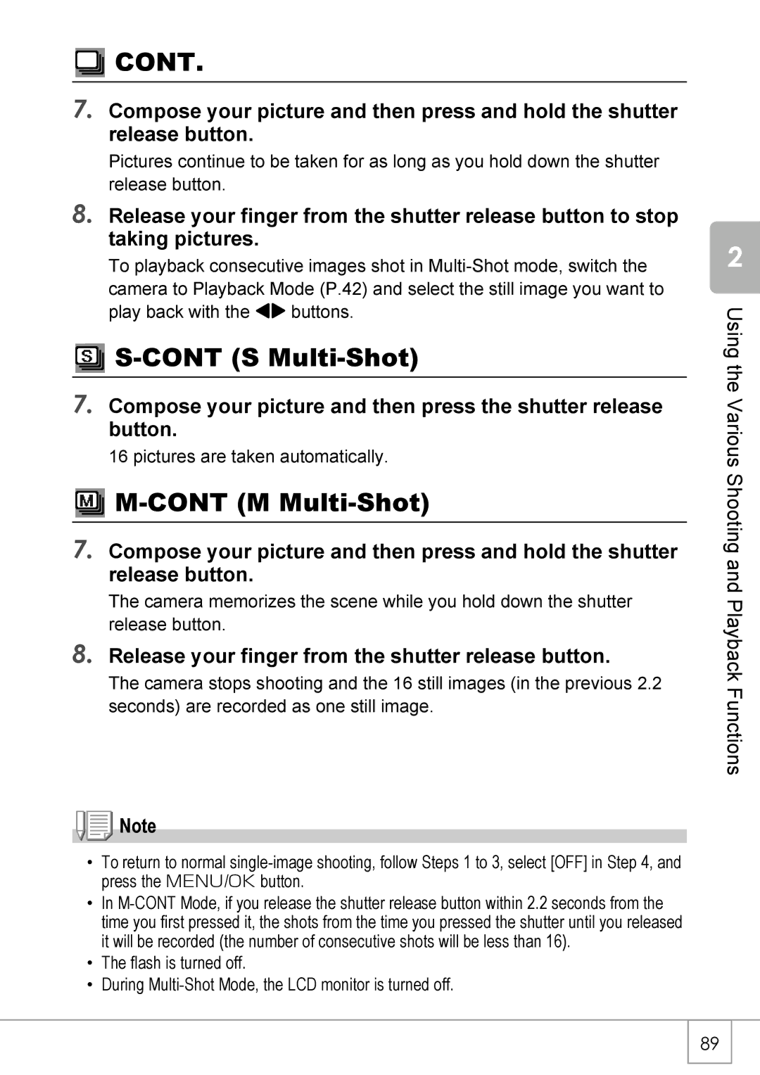 Ricoh R40 manual Cont, S Multi-Shot, M Multi-Shot, Release your finger from the shutter release button 