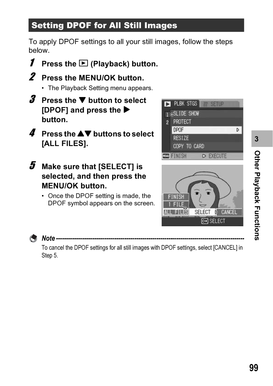 Ricoh R5 manual Setting Dpof for All Still Images, Press the 6 Playback button Press the MENU/OK button 