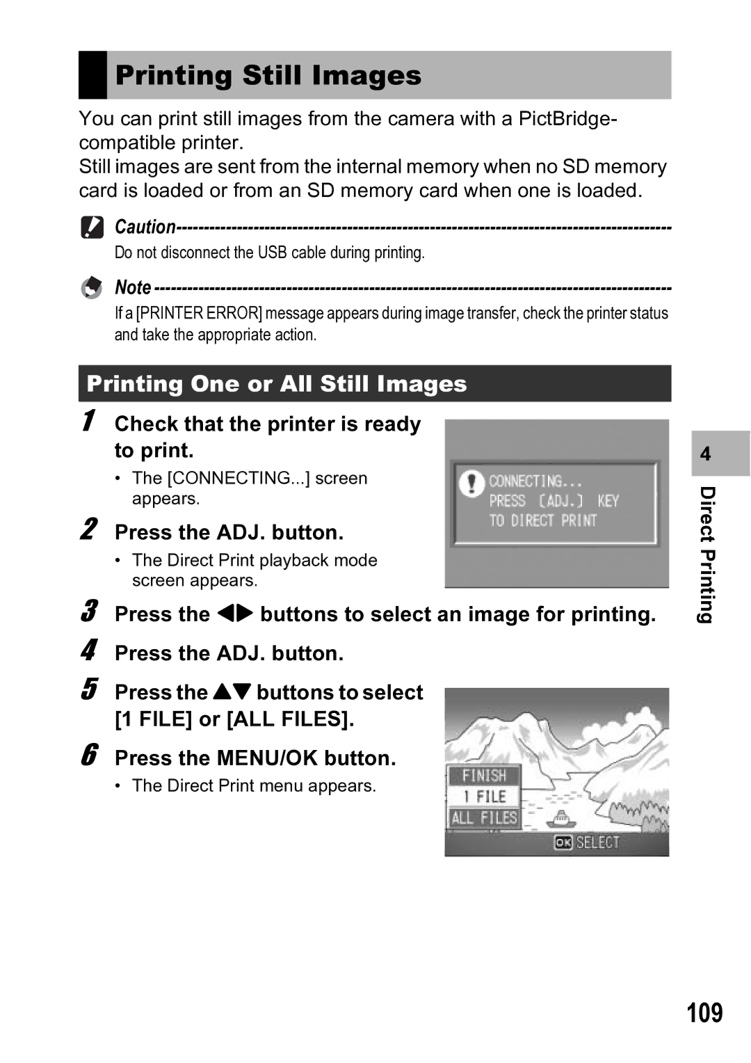 Ricoh R5 manual Printing Still Images, 109, Printing One or All Still Images, Check that the printer is ready to print 