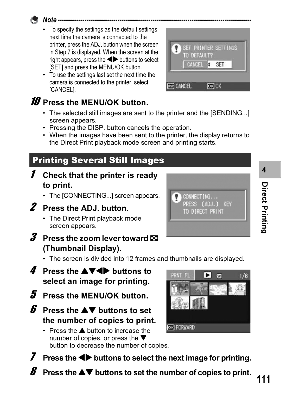 Ricoh R5 manual 111, Printing Several Still Images, Press the zoom lever toward Thumbnail Display 