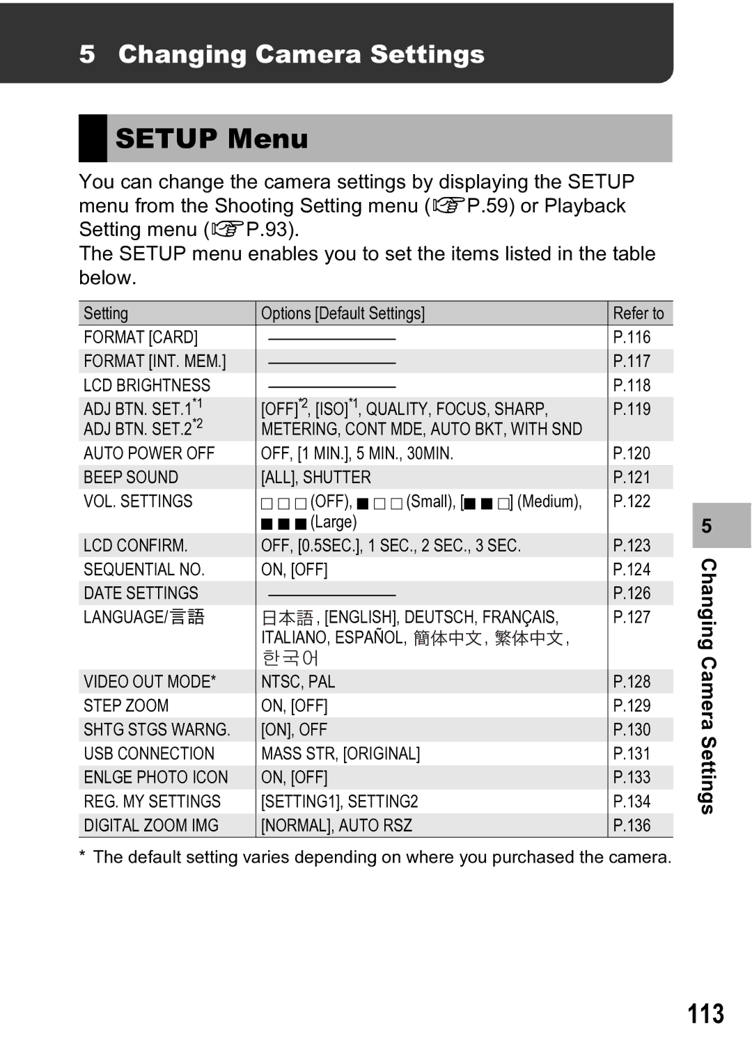 Ricoh R5 manual Setup Menu, 113, Changing Camera Settings 