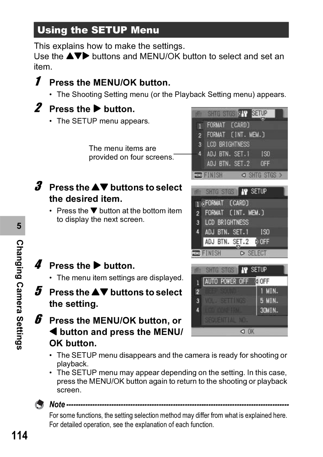 Ricoh R5 manual 114, Using the Setup Menu, Press the ! buttons to select the desired item 