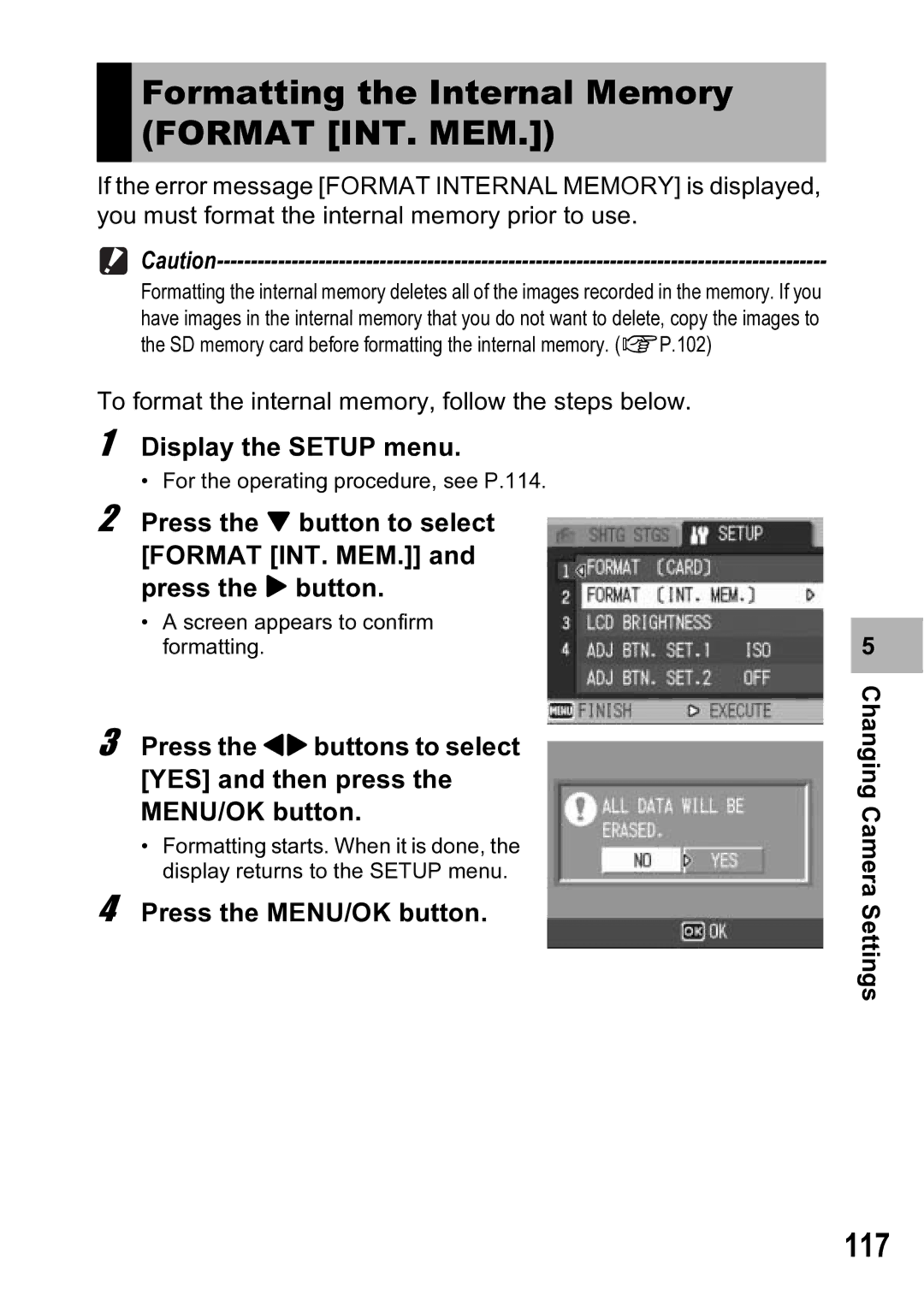 Ricoh R5 manual Formatting the Internal Memory Format INT. MEM, 117 