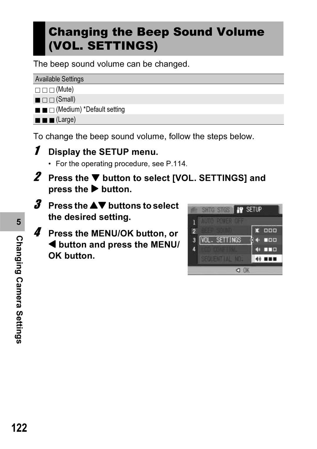 Ricoh R5 manual Changing the Beep Sound Volume VOL. Settings, 122 