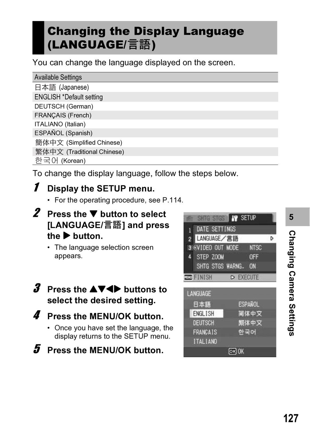 Ricoh R5 manual Changing the Display Language LANGUAGE/N, 127 