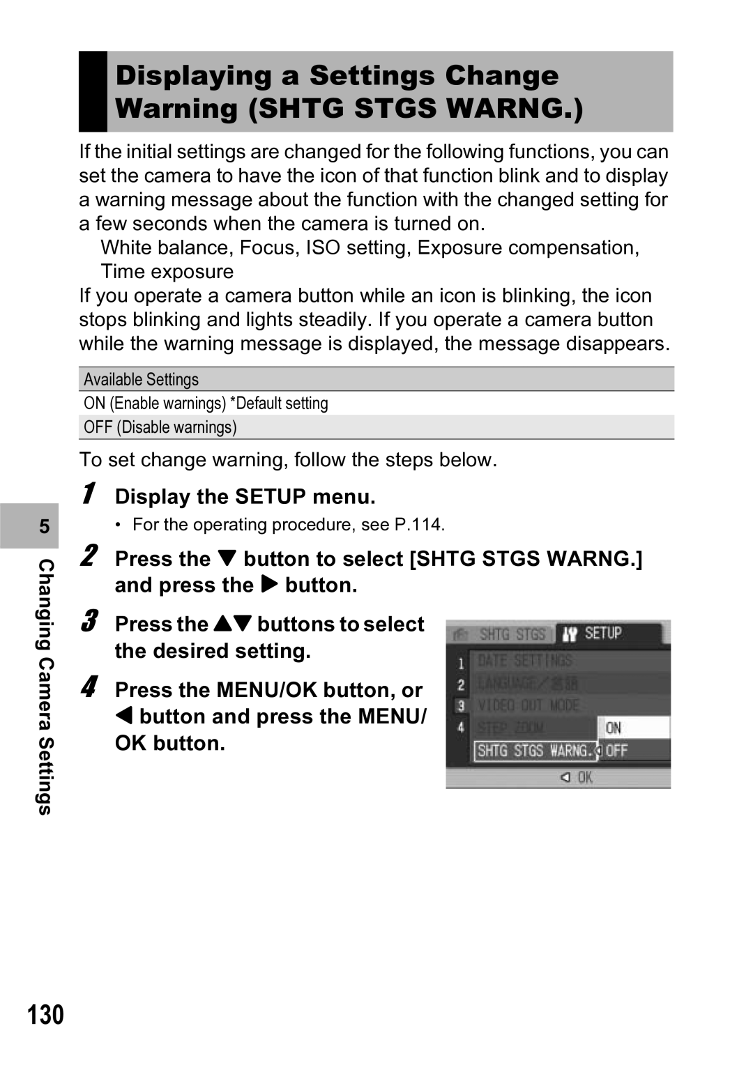 Ricoh R5 manual Displaying a Settings Change Warning Shtg Stgs Warng, 130 