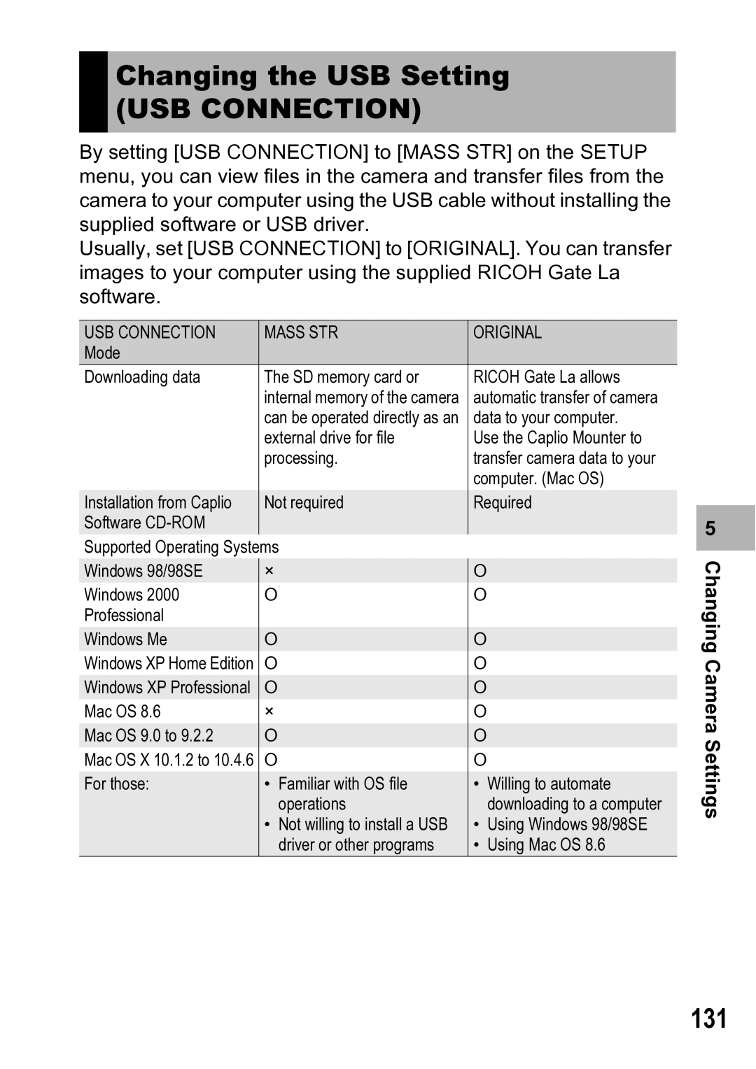 Ricoh R5 manual Changing the USB Setting, USB Connection, 131 