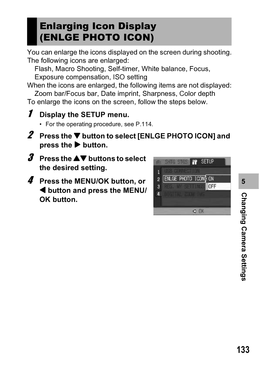 Ricoh R5 manual Enlarging Icon Display, Enlge Photo Icon, 133 