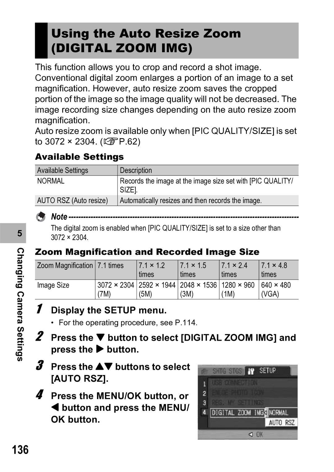 Ricoh R5 Using the Auto Resize Zoom, Digital Zoom IMG, 136, Available Settings, Zoom Magnification and Recorded Image Size 