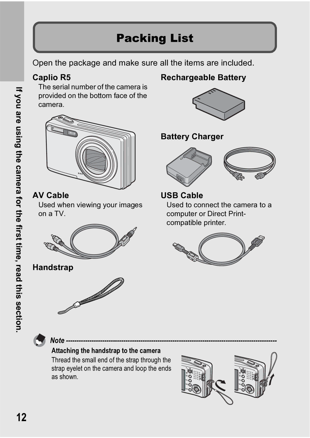 Ricoh manual Packing List, Caplio R5 Rechargeable Battery, Battery Charger AV Cable USB Cable, Handstrap 