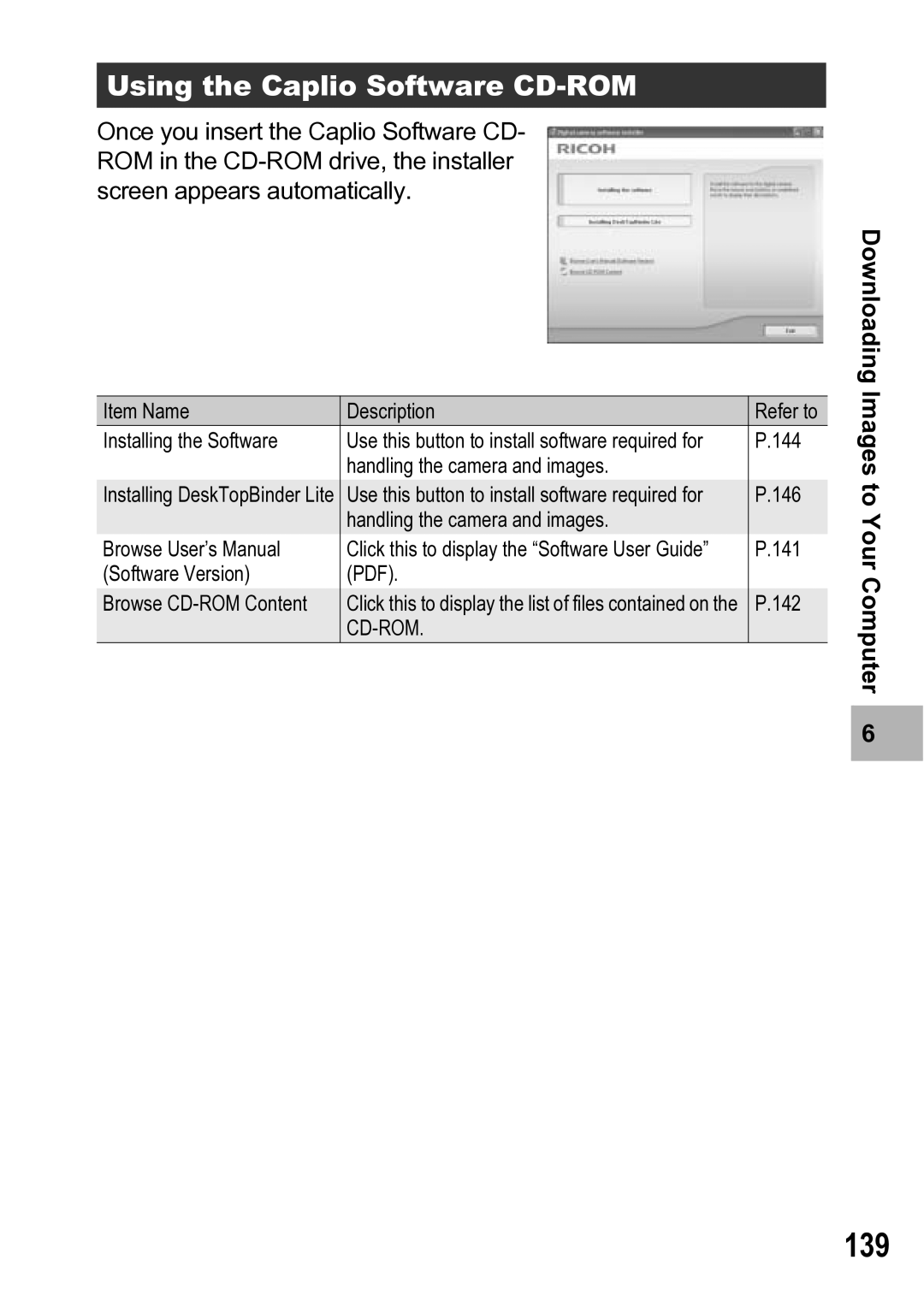 Ricoh R5 manual 139, Using the Caplio Software CD-ROM, Downloading, Images 