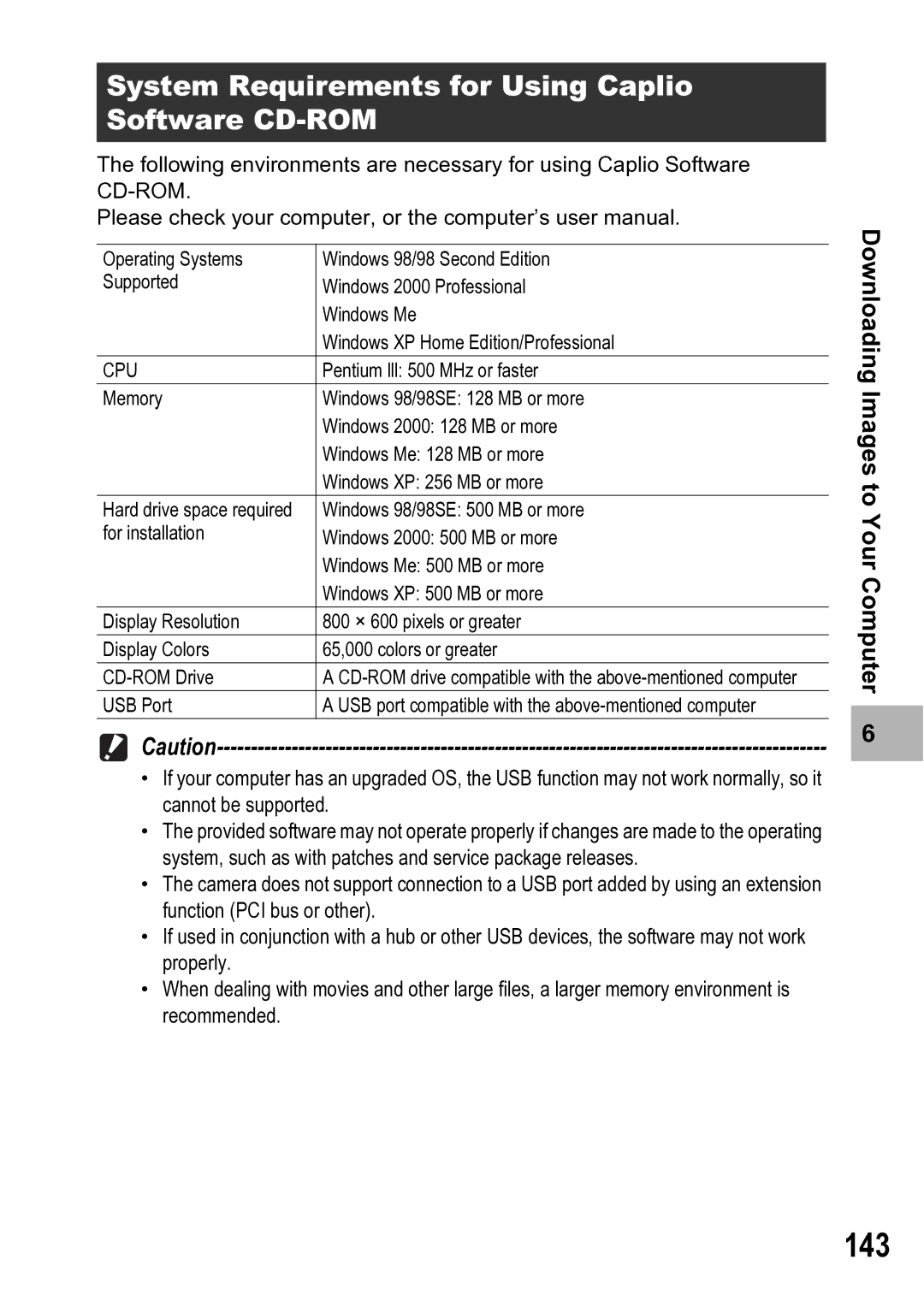 Ricoh R5 manual 143, System Requirements for Using Caplio Software CD-ROM 