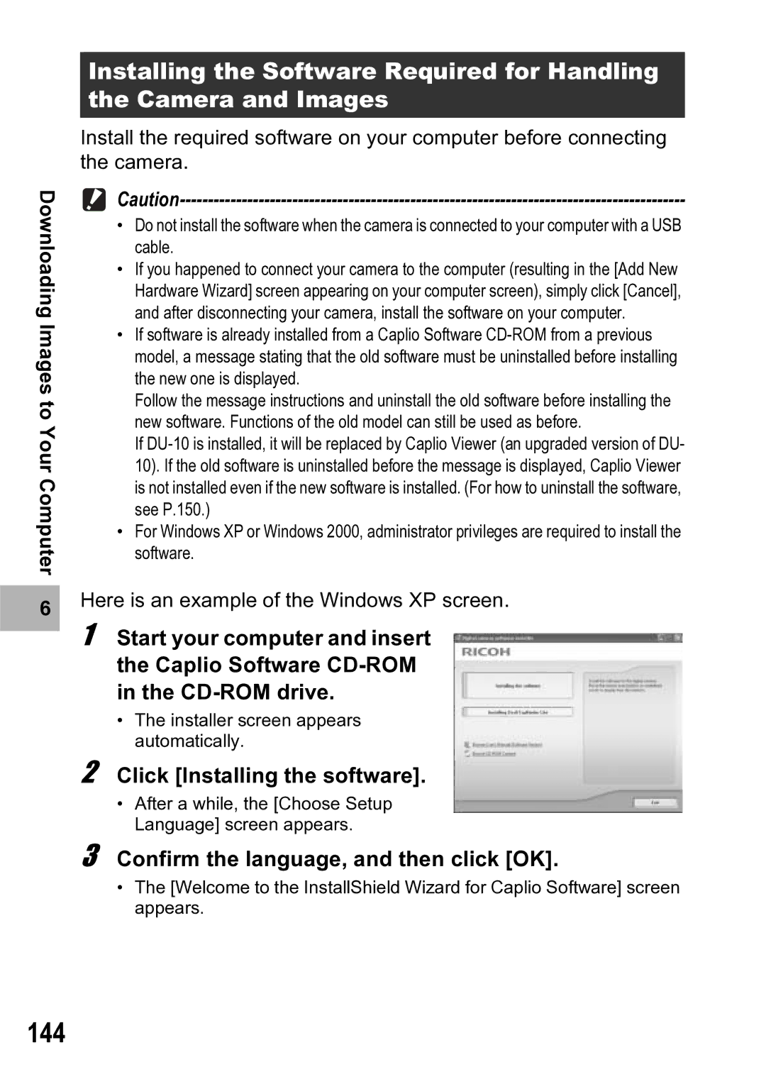 Ricoh R5 manual 144, Click Installing the software, Confirm the language, and then click OK 