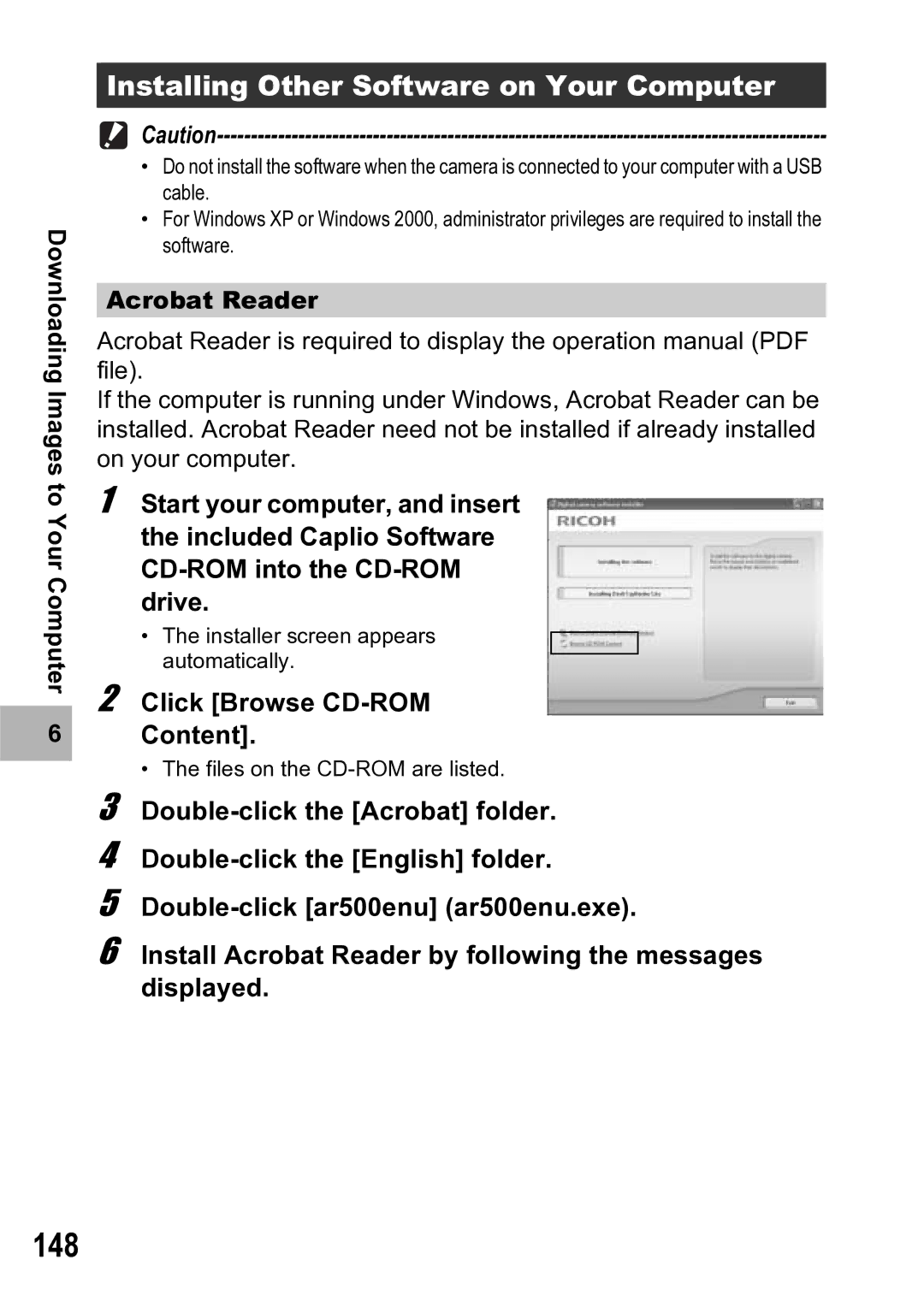 Ricoh R5 manual 148, Installing Other Software on Your Computer, Click Browse CD-ROM Content, Acrobat Reader 