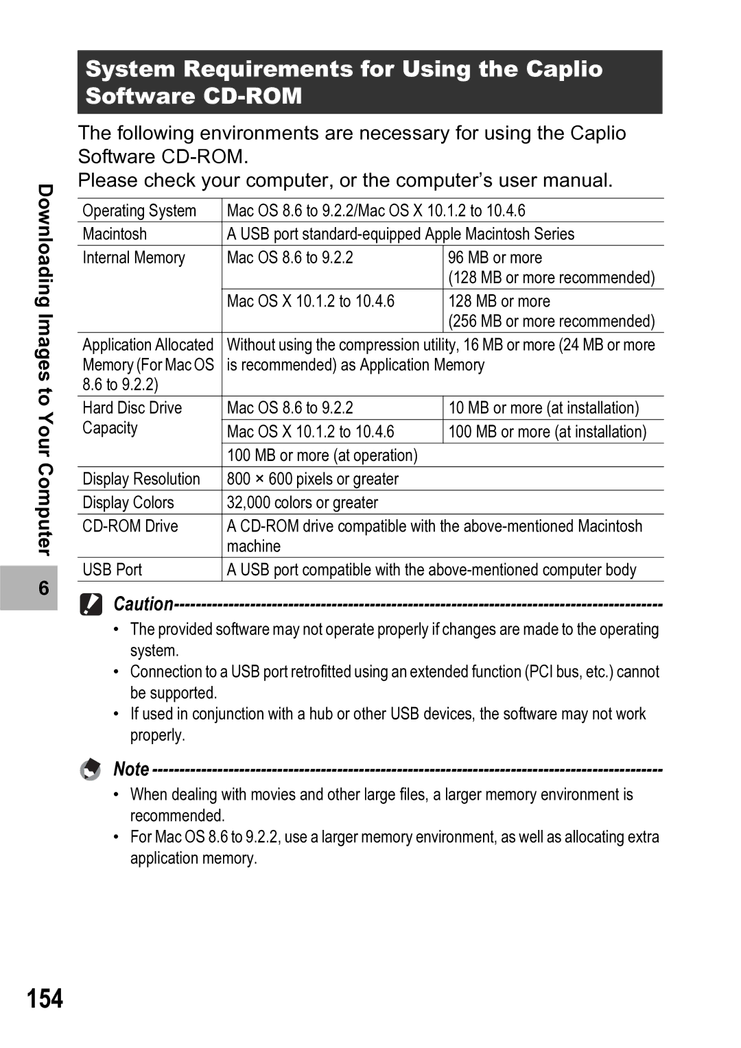 Ricoh R5 manual 154, System Requirements for Using the Caplio Software CD-ROM 