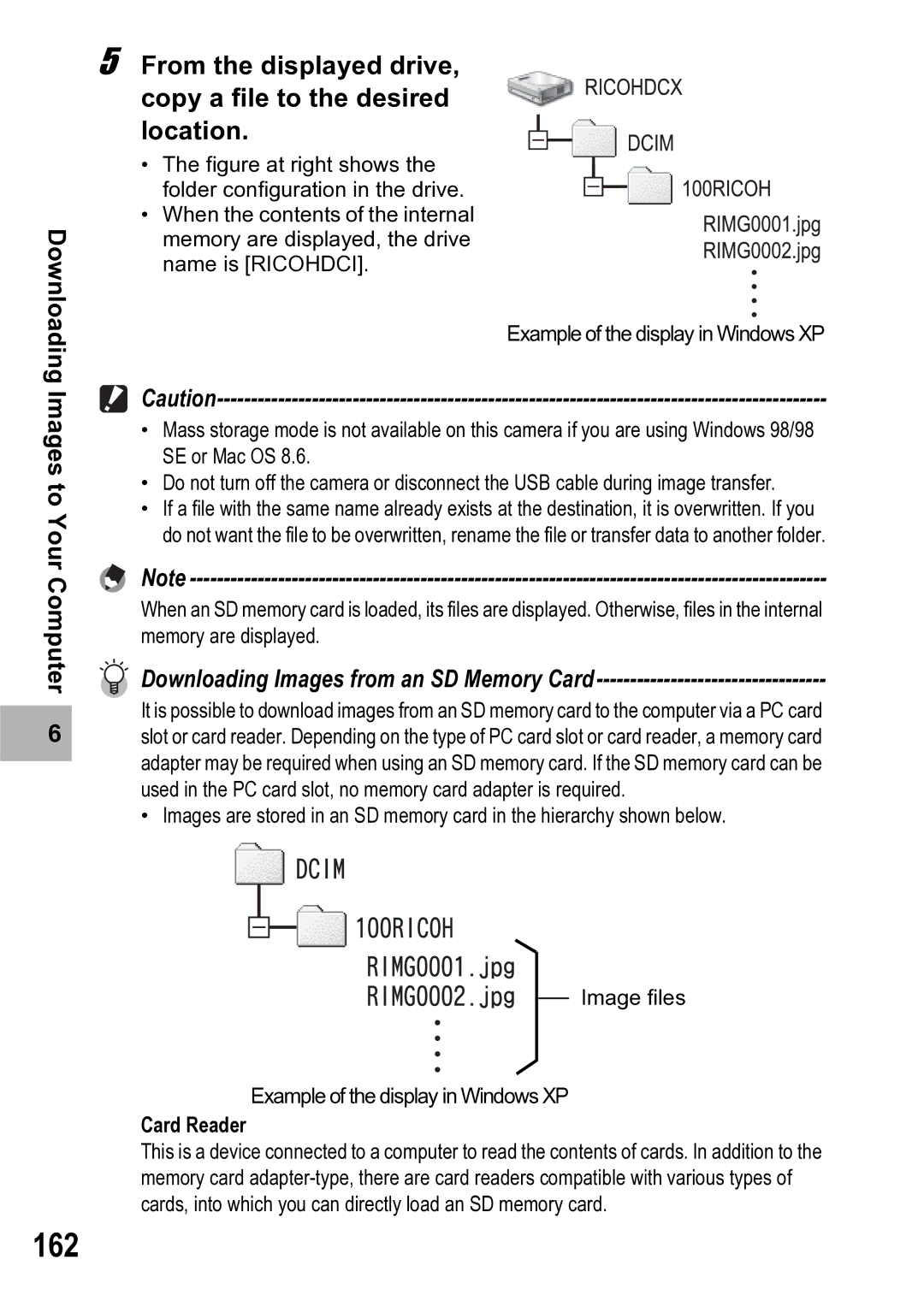 Ricoh R5 manual 162, Downloading Images from an SD Memory Card 