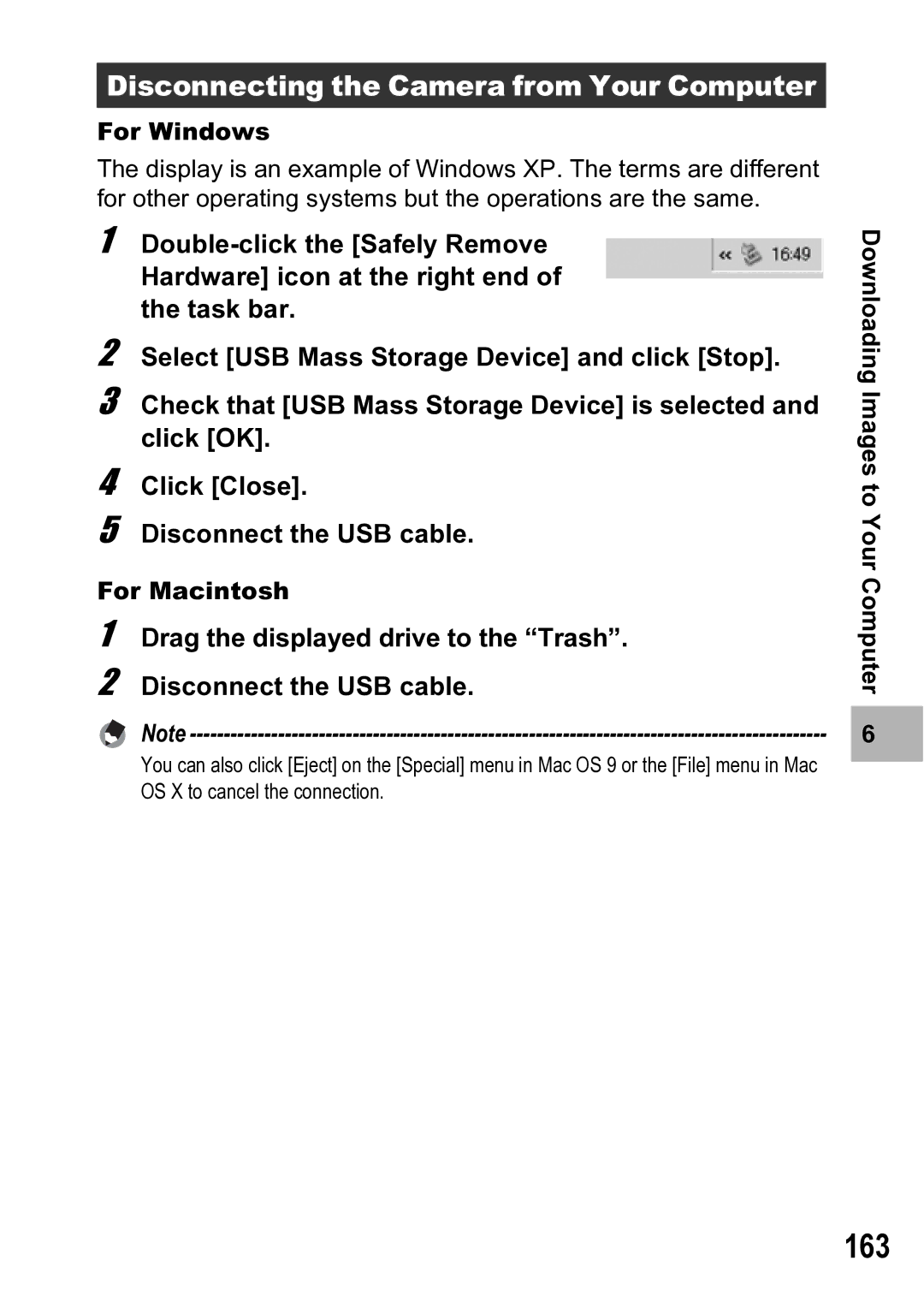 Ricoh R5 manual 163, Disconnecting the Camera from Your Computer, For Windows, For Macintosh 