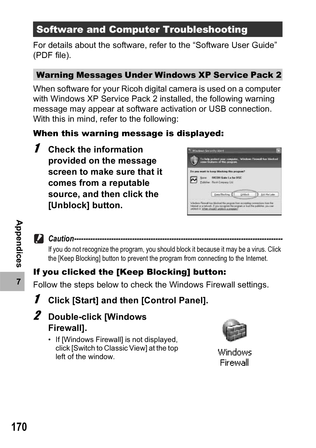 Ricoh R5 manual 170, Software and Computer Troubleshooting, When this warning message is displayed 