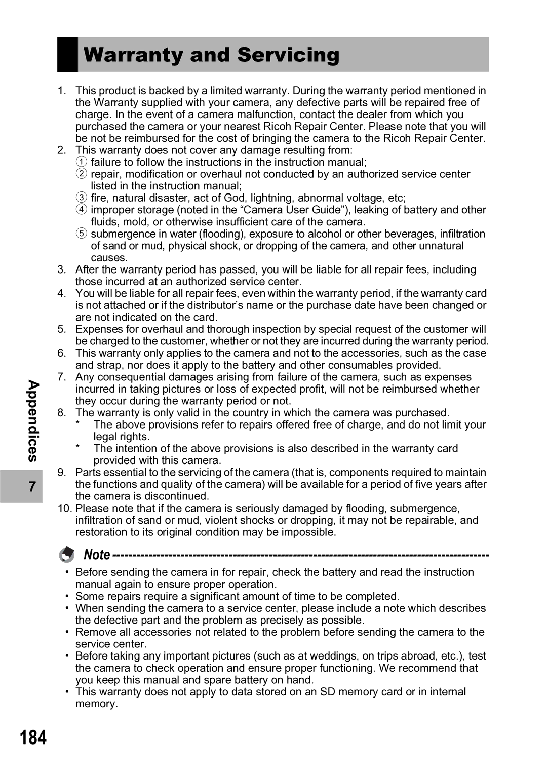 Ricoh R5 manual Warranty and Servicing, 184 