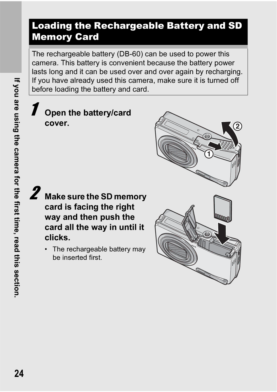 Ricoh R5 manual Loading the Rechargeable Battery and SD Memory Card 