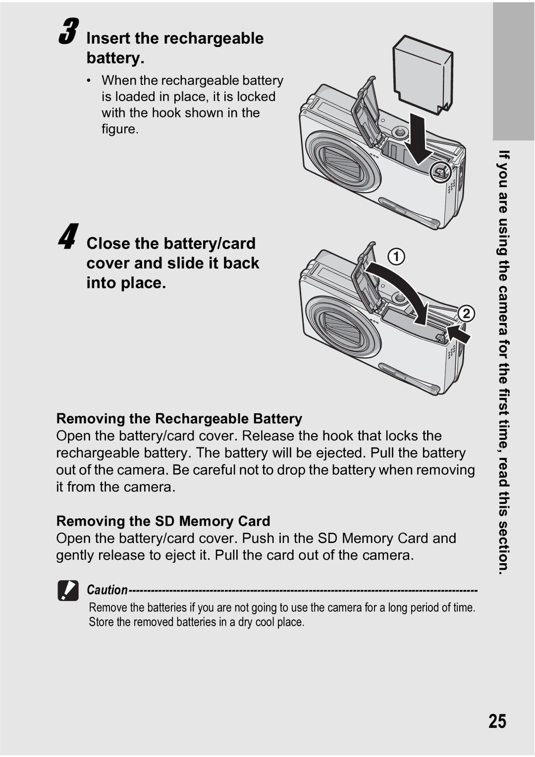 Ricoh R5 manual Insert the rechargeable battery, Close the battery/card cover and slide it back into place 