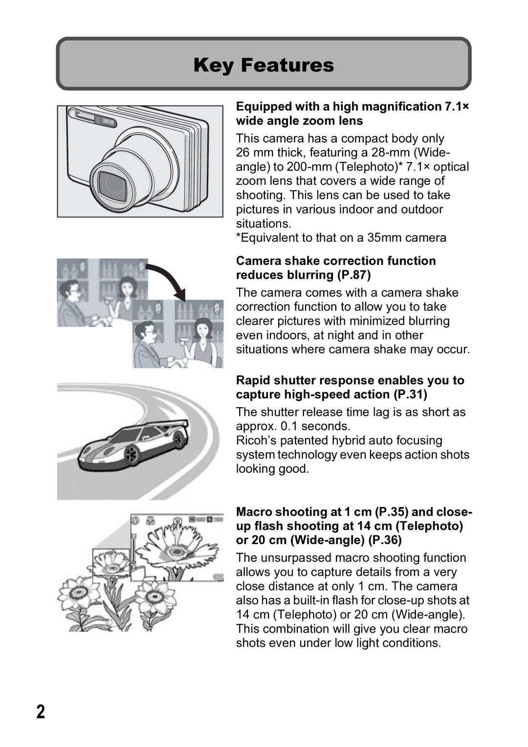 Ricoh R5 manual Key Features, Camera shake correction function reduces blurring P.87 