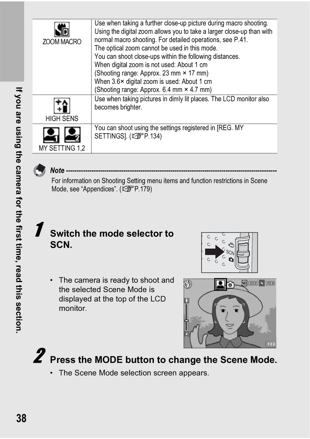 Ricoh R5 manual Switch the mode selector to SCN, Press the Mode button to change the Scene Mode 