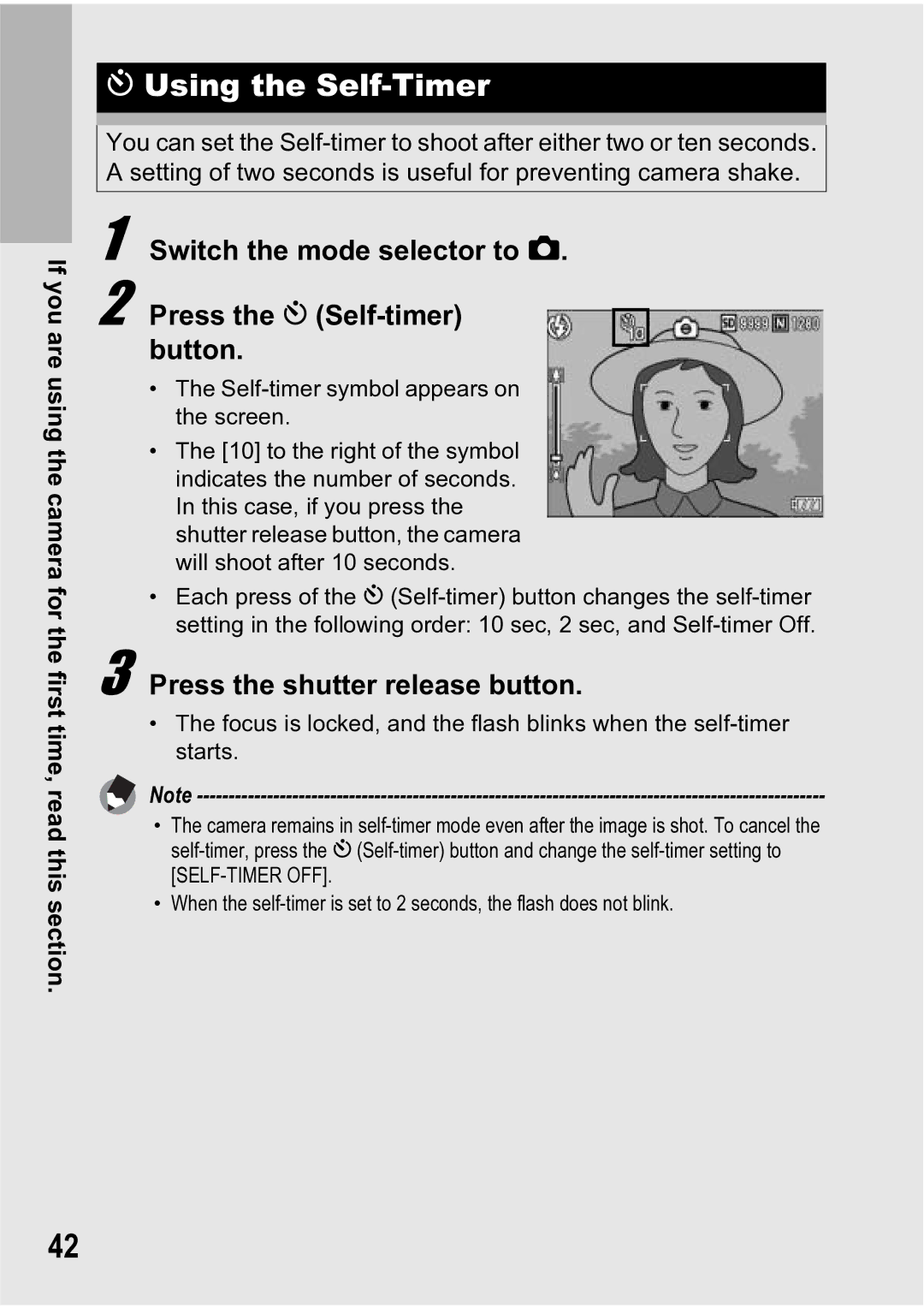 Ricoh R5 Using the Self-Timer, Switch the mode selector to Press the t Self-timer button, Press the shutter release button 