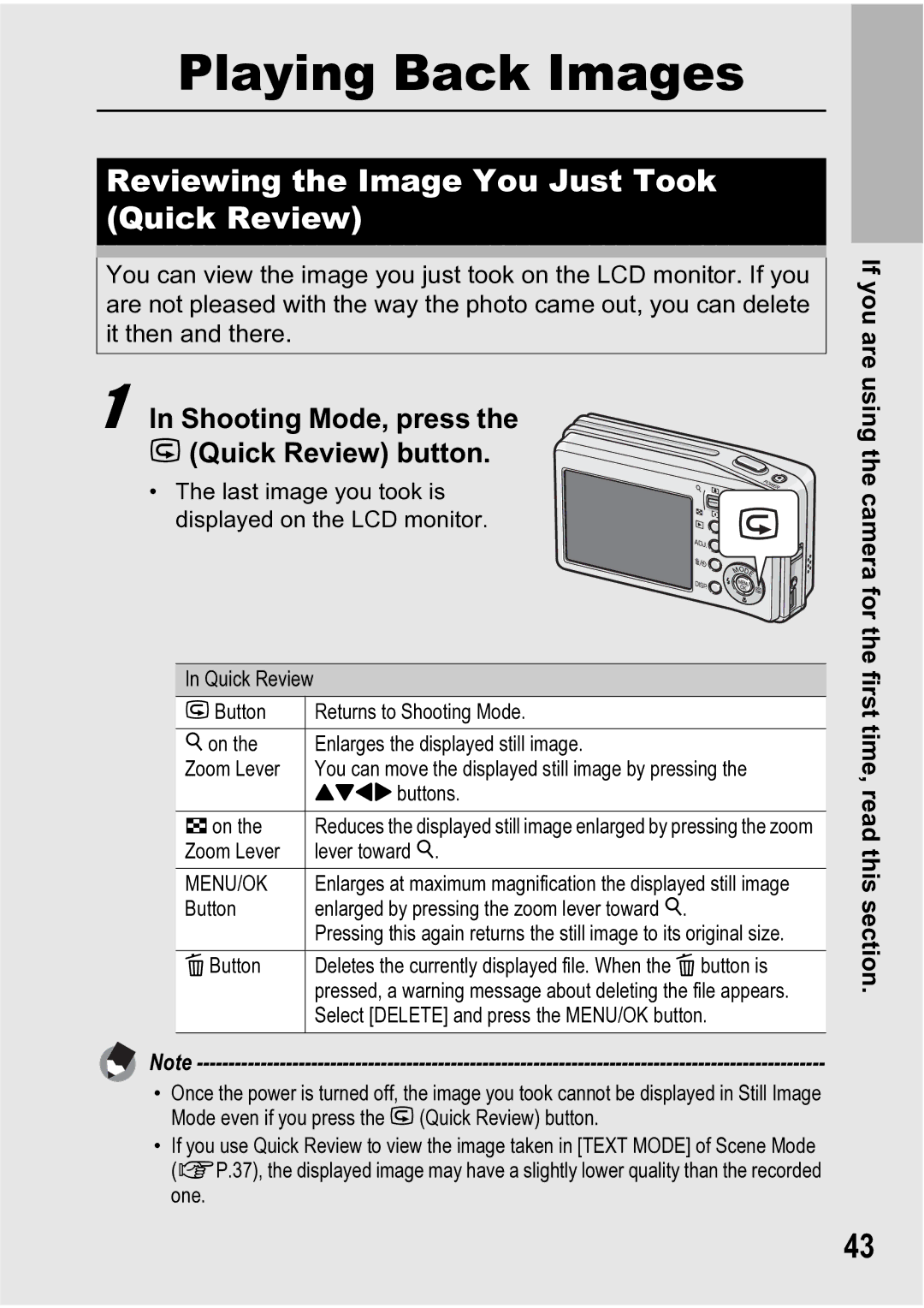 Ricoh R5 manual Reviewing the Image You Just Took Quick Review, Shooting Mode, press the Q Quick Review button 