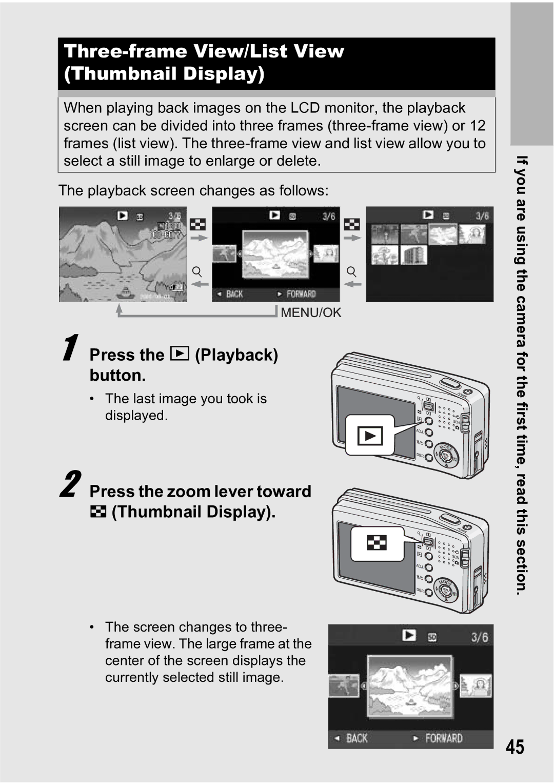 Ricoh R5 manual Three-frame View/List View Thumbnail Display, Press the zoom lever toward Thumbnail Display 