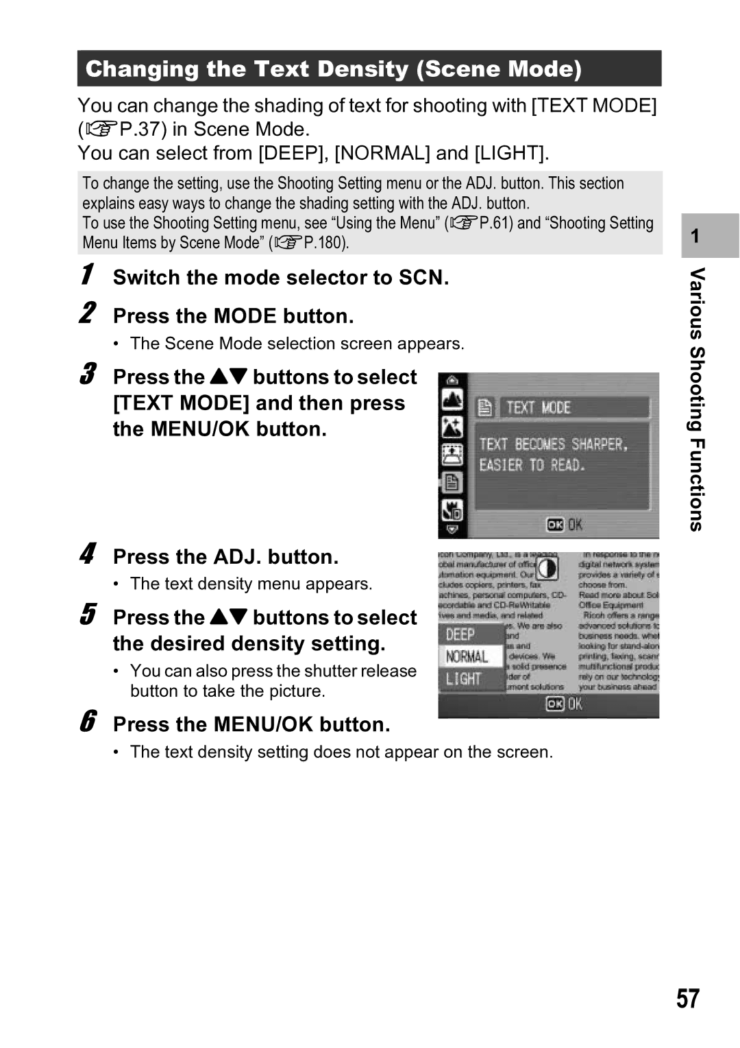 Ricoh R5 manual Changing the Text Density Scene Mode, Switch the mode selector to SCN Press the Mode button 